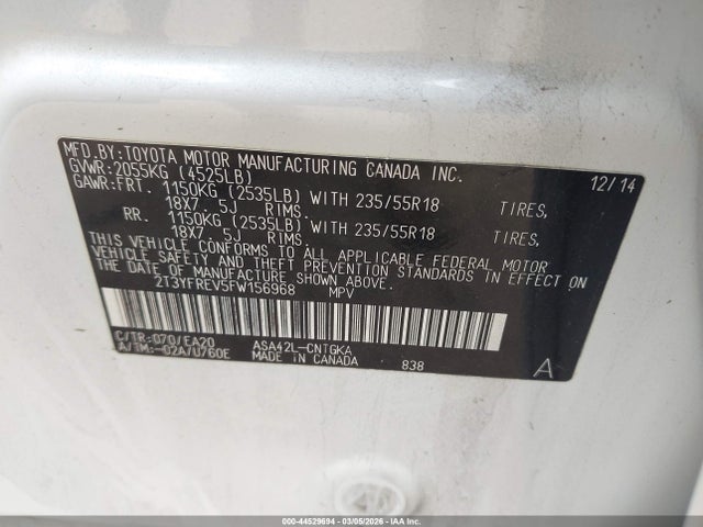 Продаж на аукціоні авто 2015 Toyota Rav4 Limited, vin: 2T3YFREV5FW156968, номер лоту: 44529694