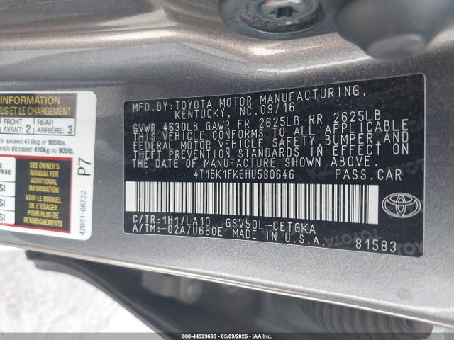 4T1BK1FK6HU580646 Toyota Camry Xle V6
