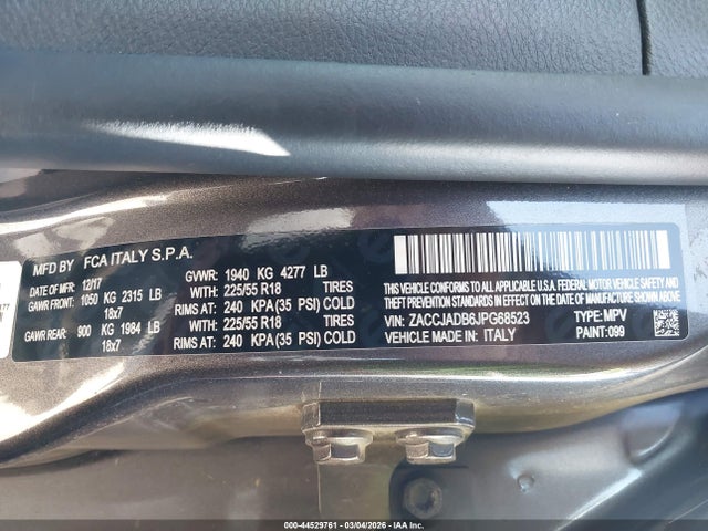 Продажа на аукционе авто 2018 Jeep Renegade Limited Fwd, vin: ZACCJADB6JPG68523, номер лота: 44529761
