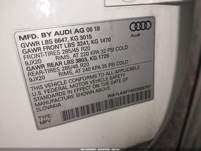 2019 Audi Q7 55 Premium/55 Se Premium მანქანა იყიდება აუქციონზე, vin: WA1LAAF74KD000707, აუქციონის ნომერი: 44529805