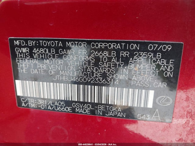 Aukcja sprzedaży 2009 Lexus Es 350, vin: JTHBJ46G092336314, numer aukcji: 44529841