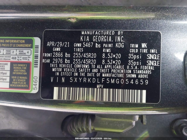 Aukcja sprzedaży 2021 Kia Sorento Sx, vin: 5XYRKDLF5MG054659, numer aukcji: 44529903