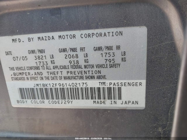 Aukcja sprzedaży 2006 Mazda Mazda3 I, vin: JM1BK12F961402175, numer aukcji: 44529918