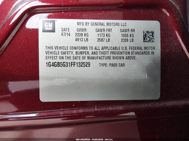 44529939 :رقم المزاد ، 1G4GB5G31FF132529 vin ، 2015 Buick Lacrosse Leather مزاد بيع