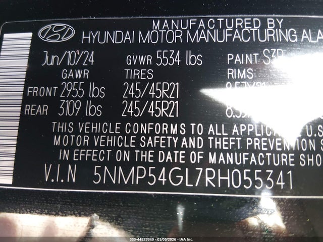 2024 Hyundai Santa Fe Calligraphy მანქანა იყიდება აუქციონზე, vin: 5NMP54GL7RH055341, აუქციონის ნომერი: 44529949