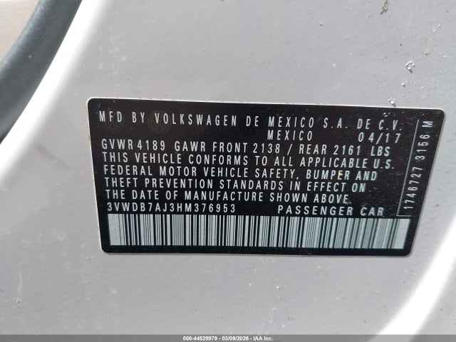 2017 Volkswagen Jetta 1.4t Se მანქანა იყიდება აუქციონზე, vin: 3VWDB7AJ3HM376953, აუქციონის ნომერი: 44529979