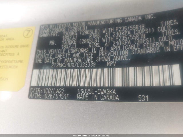 Aukcja sprzedaży 2007 Lexus Rx 350, vin: 2T2HK31UX7C033339, numer aukcji: 44529985