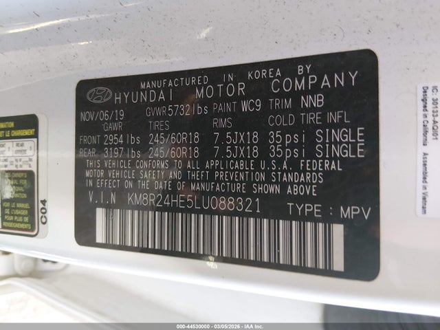Aukcja sprzedaży 2020 Hyundai Palisade Sel, vin: KM8R24HE5LU088321, numer aukcji: 44530000