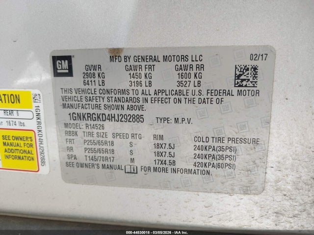 Chevrolet Traverse 1lt 2017 1GNKRGKD4HJ292885 Image 9