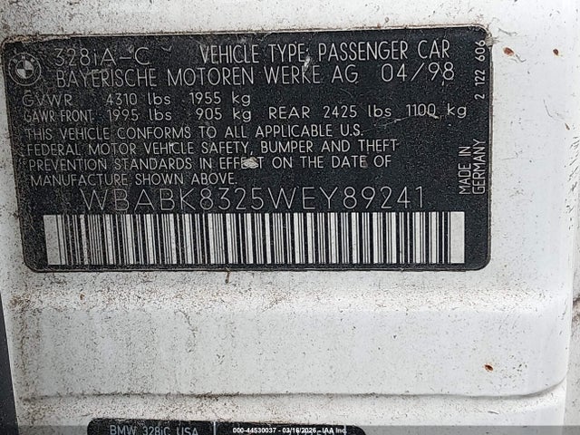 1998 Bmw 328ic მანქანა იყიდება აუქციონზე, vin: WBABK8325WEY89241, აუქციონის ნომერი: 44530037