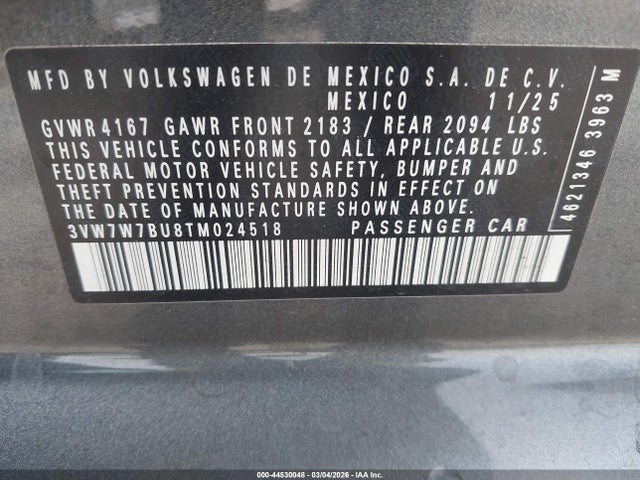 2026 Volkswagen Jetta Se მანქანა იყიდება აუქციონზე, vin: 3VW7W7BU8TM024518, აუქციონის ნომერი: 44530048