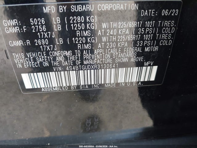 44530054 :رقم المزاد ، 4S4BTGUDXR3130641 vin ، 2024 Subaru Outback Wilderness مزاد بيع
