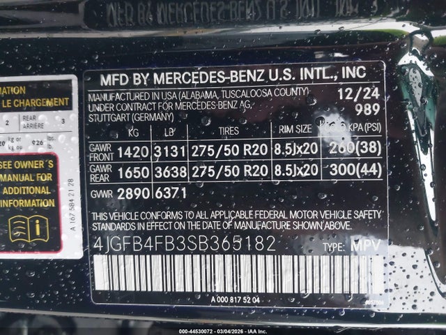 44530072 :رقم المزاد ، 4JGFB4FB3SB365182 vin ، 2025 Mercedes-benz Gle 350 4matic مزاد بيع