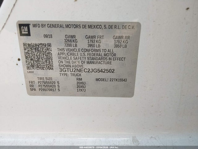 Aukcja sprzedaży 2018 Gmc Sierra 1500 Slt, vin: 3GTU2NEC2JG542502, numer aukcji: 44530079