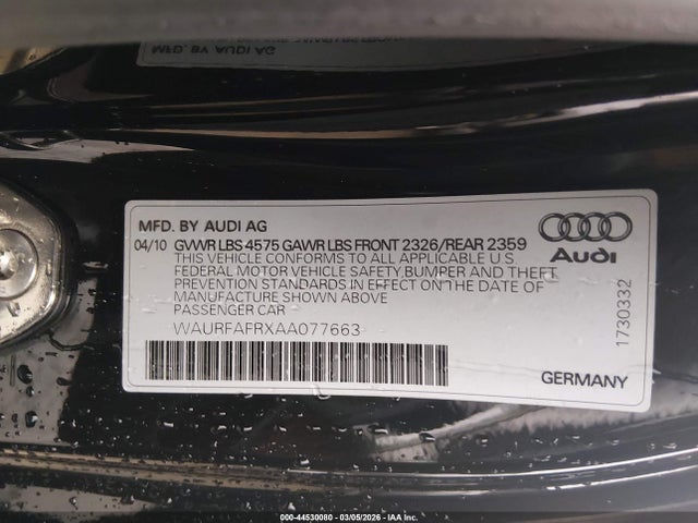 2010 Audi A5 2.0t Premium მანქანა იყიდება აუქციონზე, vin: WAURFAFRXAA077663, აუქციონის ნომერი: 44530080