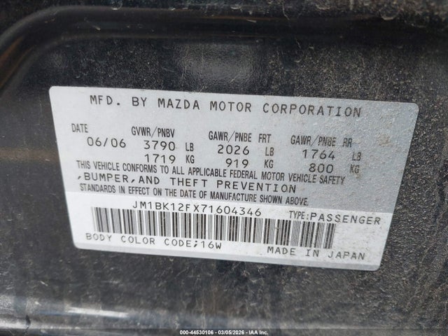 44530106 :رقم المزاد ، JM1BK12FX71604346 vin ، 2007 Mazda Mazda3 I مزاد بيع