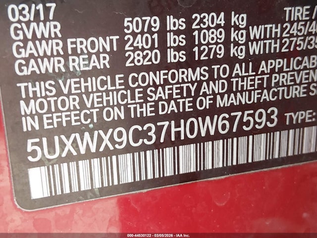 44530122 :رقم المزاد ، 5UXWX9C37H0W67593 vin ، 2017 Bmw X3 Xdrive28i مزاد بيع