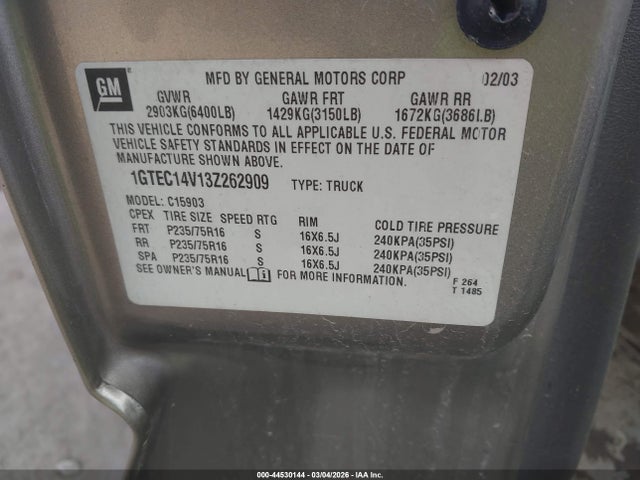 44530144 :رقم المزاد ، 1GTEC14V13Z262909 vin ، 2003 Gmc Sierra 1500 Work Truck مزاد بيع