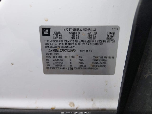 44530145 :رقم المزاد ، 1GKKNMLS5HZ134982 vin ، 2017 Gmc Acadia Slt-1 مزاد بيع