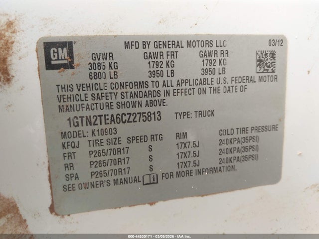Aukcja sprzedaży 2012 Gmc Sierra 1500 Work Truck, vin: 1GTN2TEA6CZ275813, numer aukcji: 44530171