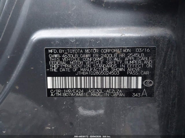 44530172 :رقم المزاد ، JTHBA1D28G5024503 vin ، 2016 Lexus Is 200t مزاد بيع