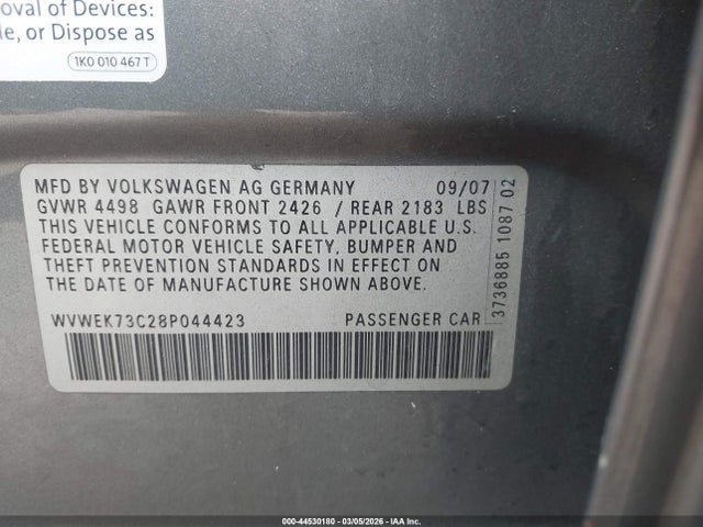 2008 Volkswagen Passat Lux მანქანა იყიდება აუქციონზე, vin: WVWEK73C28P044423, აუქციონის ნომერი: 44530180