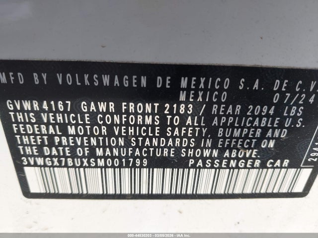 2025 Volkswagen Jetta 1.5t Sel მანქანა იყიდება აუქციონზე, vin: 3VWGX7BUXSM001799, აუქციონის ნომერი: 44530203
