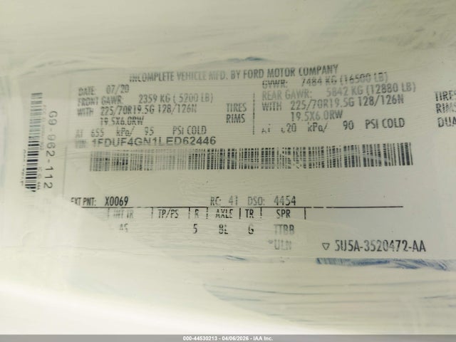 44530213 :رقم المزاد ، 1FDUF4GN1LED62446 vin ، 2020 Ford F-450 Chassis Xl مزاد بيع