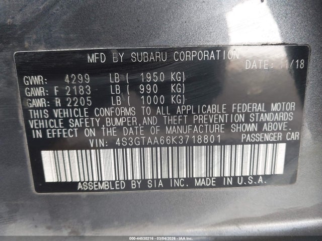 Aukcja sprzedaży 2019 Subaru Impreza 2.0i, vin: 4S3GTAA66K3718801, numer aukcji: 44530216