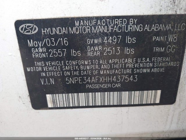 44530217 :رقم المزاد ، 5NPE34AFXHH437543 vin ، 2017 Hyundai Sonata Limited مزاد بيع