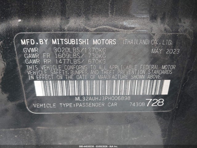 2023 Mitsubishi Mirage Es/le მანქანა იყიდება აუქციონზე, vin: ML32AUHJ3PH006898, აუქციონის ნომერი: 44530238