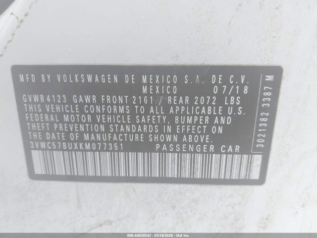2019 Volkswagen Jetta 1.4t R-line/1.4t S/1.4t Se მანქანა იყიდება აუქციონზე, vin: 3VWC57BUXKM077351, აუქციონის ნომერი: 44530242