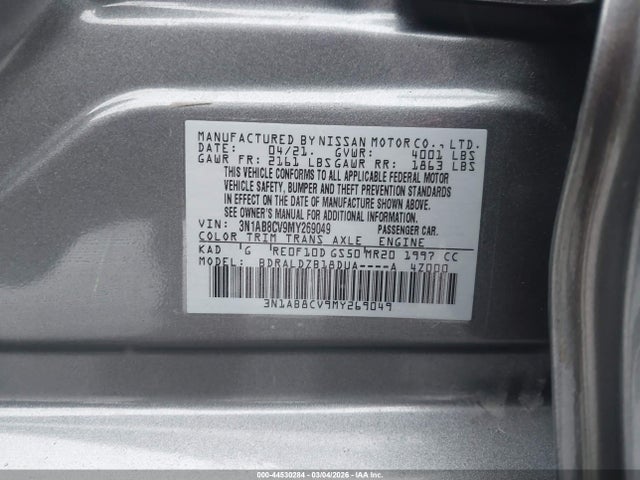2021 Nissan Sentra Sv Xtronic Cvt მანქანა იყიდება აუქციონზე, vin: 3N1AB8CV9MY269049, აუქციონის ნომერი: 44530284