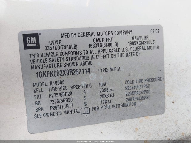 Aukcja sprzedaży 2009 Gmc Yukon Xl 1500 Denali, vin: 1GKFK062X9R283114, numer aukcji: 44530311