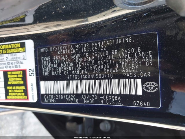 4T1G31AK0NU593740 Toyota Camry Se Hybrid