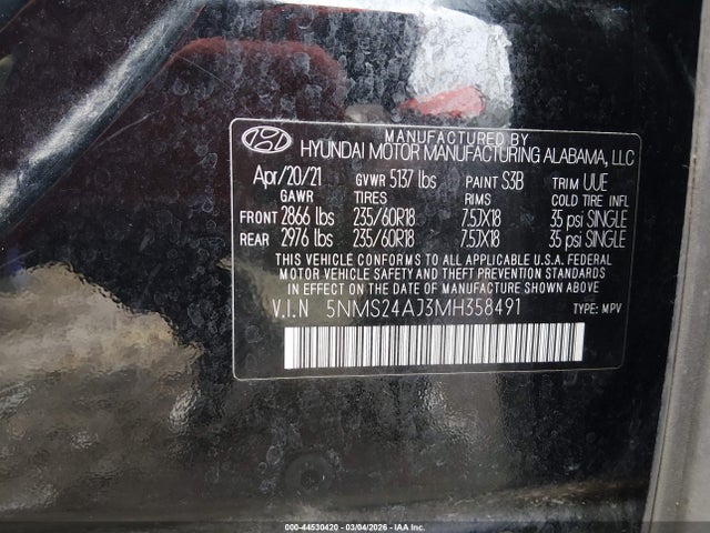 2021 Hyundai Santa Fe Sel მანქანა იყიდება აუქციონზე, vin: 5NMS24AJ3MH358491, აუქციონის ნომერი: 44530420