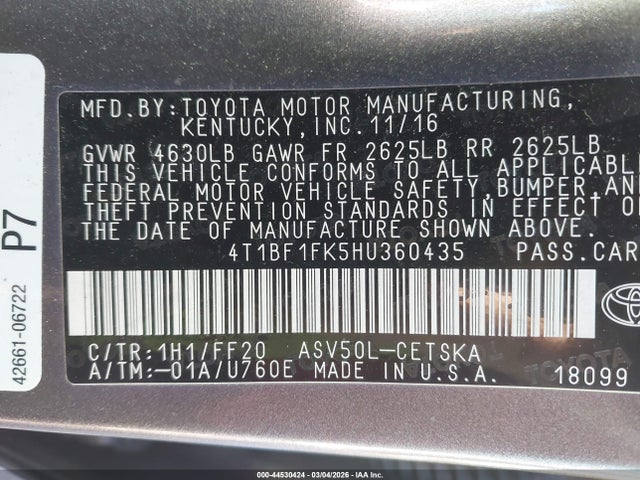 Продажа на аукционе авто 2017 Toyota Camry Se, vin: 4T1BF1FK5HU360435, номер лота: 44530424