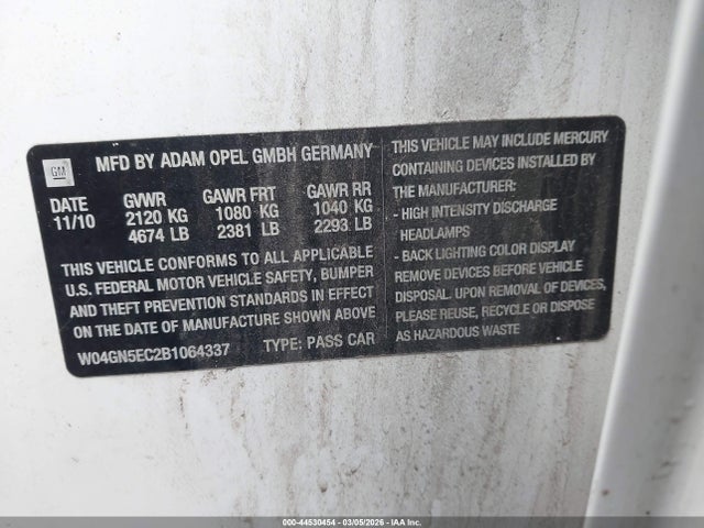 Aukcja sprzedaży 2011 Buick Regal Cxl Russelsheim, vin: W04GN5EC2B1064337, numer aukcji: 44530454