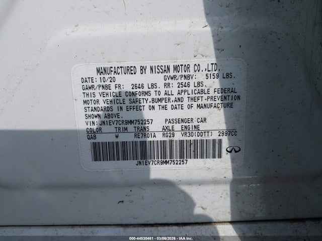 2021 Infiniti Q50 Sensory Awd მანქანა იყიდება აუქციონზე, vin: JN1EV7CR9MM752257, აუქციონის ნომერი: 44530461