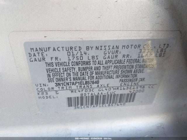 Nissan Versa 1.6 S 2014 3N1CN7AP1EL857640 Image 9