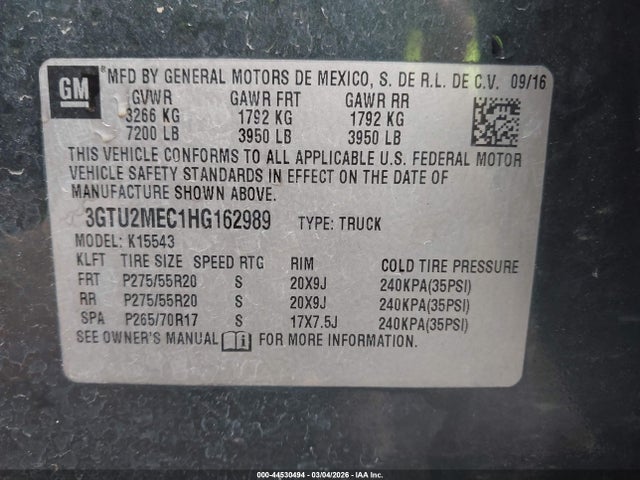 Продаж на аукціоні авто 2017 Gmc Sierra 1500 Sle, vin: 3GTU2MEC1HG162989, номер лоту: 44530494