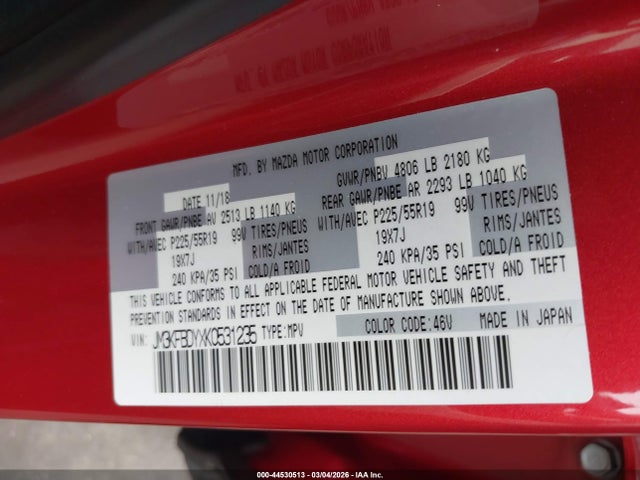 44530513 :رقم المزاد ، JM3KFBDYXK0531235 vin ، 2019 Mazda Cx-5 Grand Touring Reserve مزاد بيع