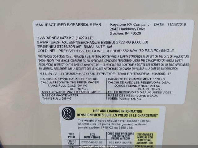 4YDF30521HA741739 Keystone Montana 305rl
