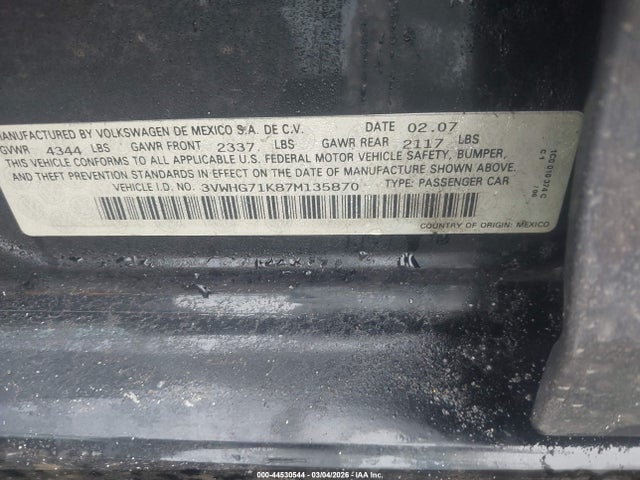 44530544 :رقم المزاد ، 3VWHG71K87M135870 vin ، 2007 Volkswagen Jetta 2.5 مزاد بيع