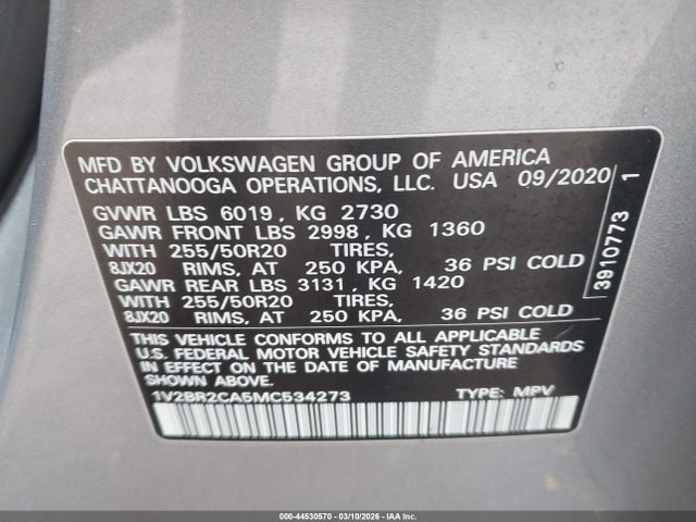 Продаж на аукціоні авто 2021 Volkswagen Atlas 3.6l V6 Sel, vin: 1V2BR2CA5MC534273, номер лоту: 44530570