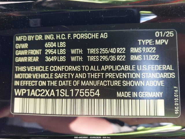 Aukcja sprzedaży 2025 Porsche Macan Electric Turbo, vin: WP1AC2XA1SL175554, numer aukcji: 44530581