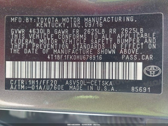 Toyota CAMRY SE 2017 4T1BF1FK0HU678916 Image 9