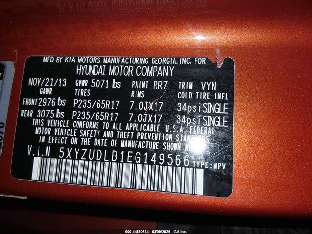 5XYZUDLB1EG149566 Hyundai Santa Fe Sport 2.4l