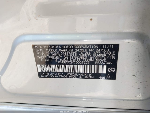 44530643 :رقم المزاد ، JTHBE5C2XC5029323 vin ، 2012 Lexus Is 350 مزاد بيع