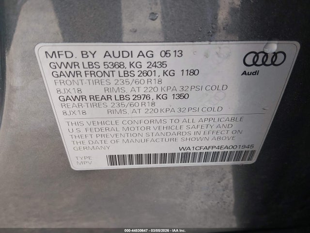 Продаж на аукціоні авто 2014 Audi Q5 2.0t Premium, vin: WA1CFAFP4EA001945, номер лоту: 44530647